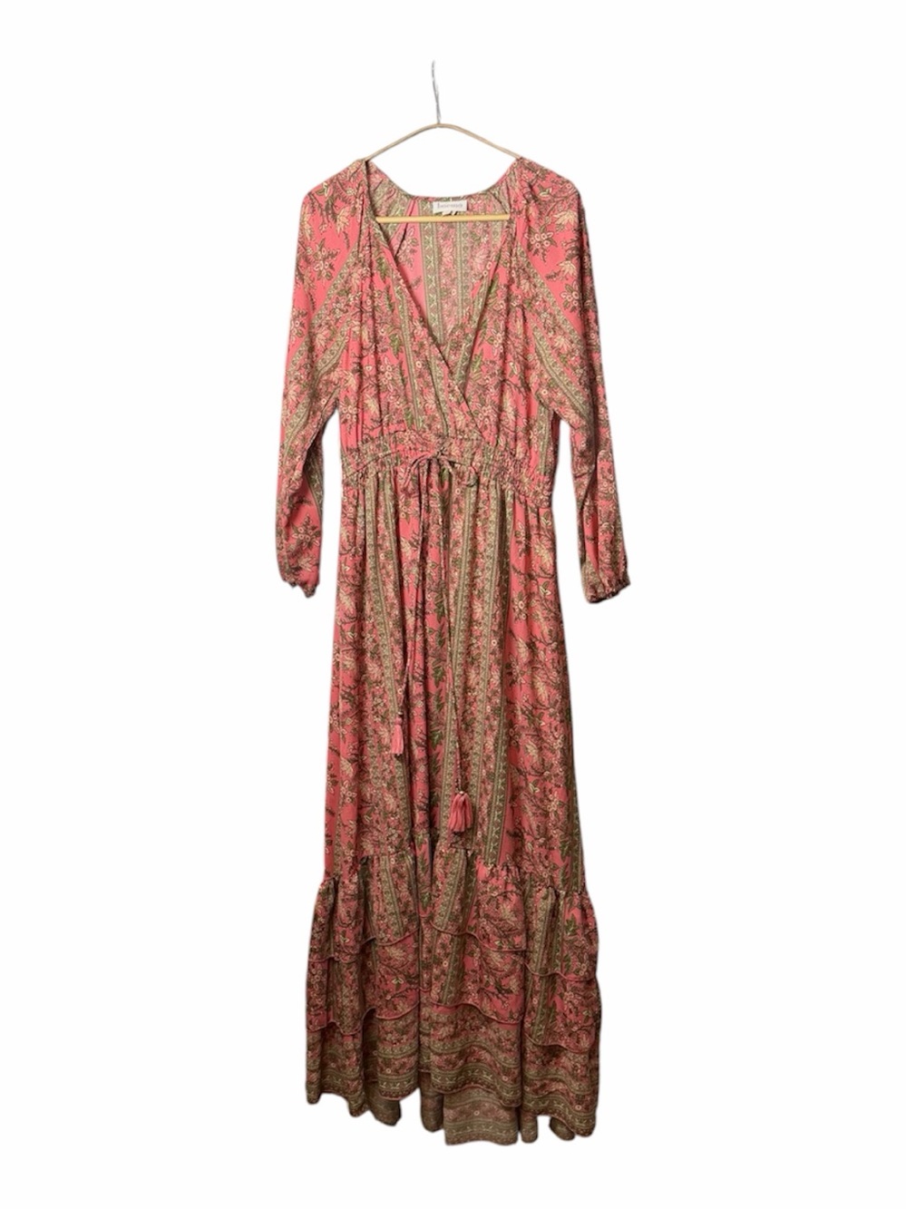 Anthropologie Boemo Boho Coral Pink/Tan Paisley Maxi Dress w/Tie Waist. Size M